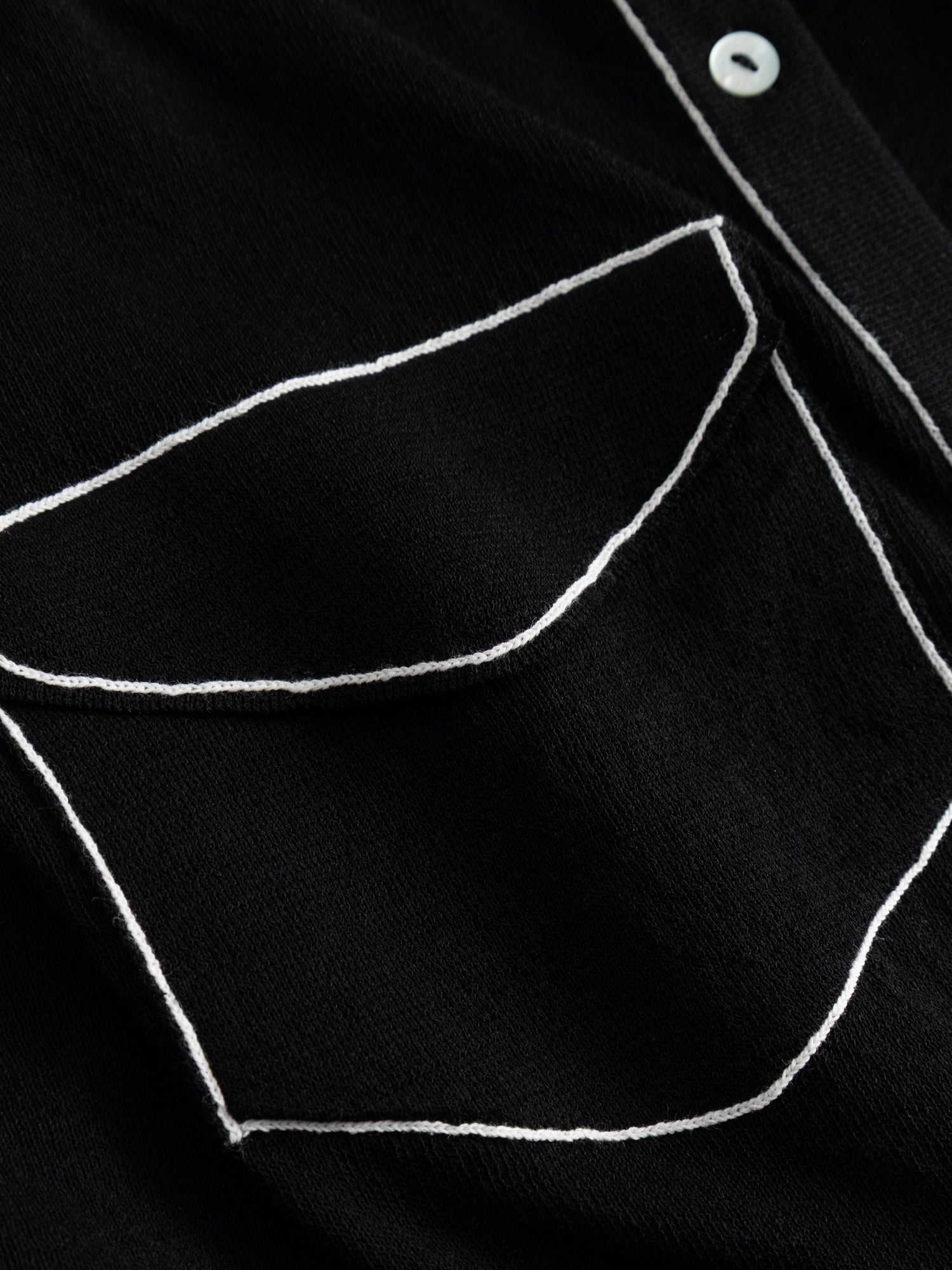 Kiko Kostadinov Woman Kreiner Knit Cardigan, close-up of the chest and lower patch pockets showing white contrast topstitching and mother-of-pearl snap button closure