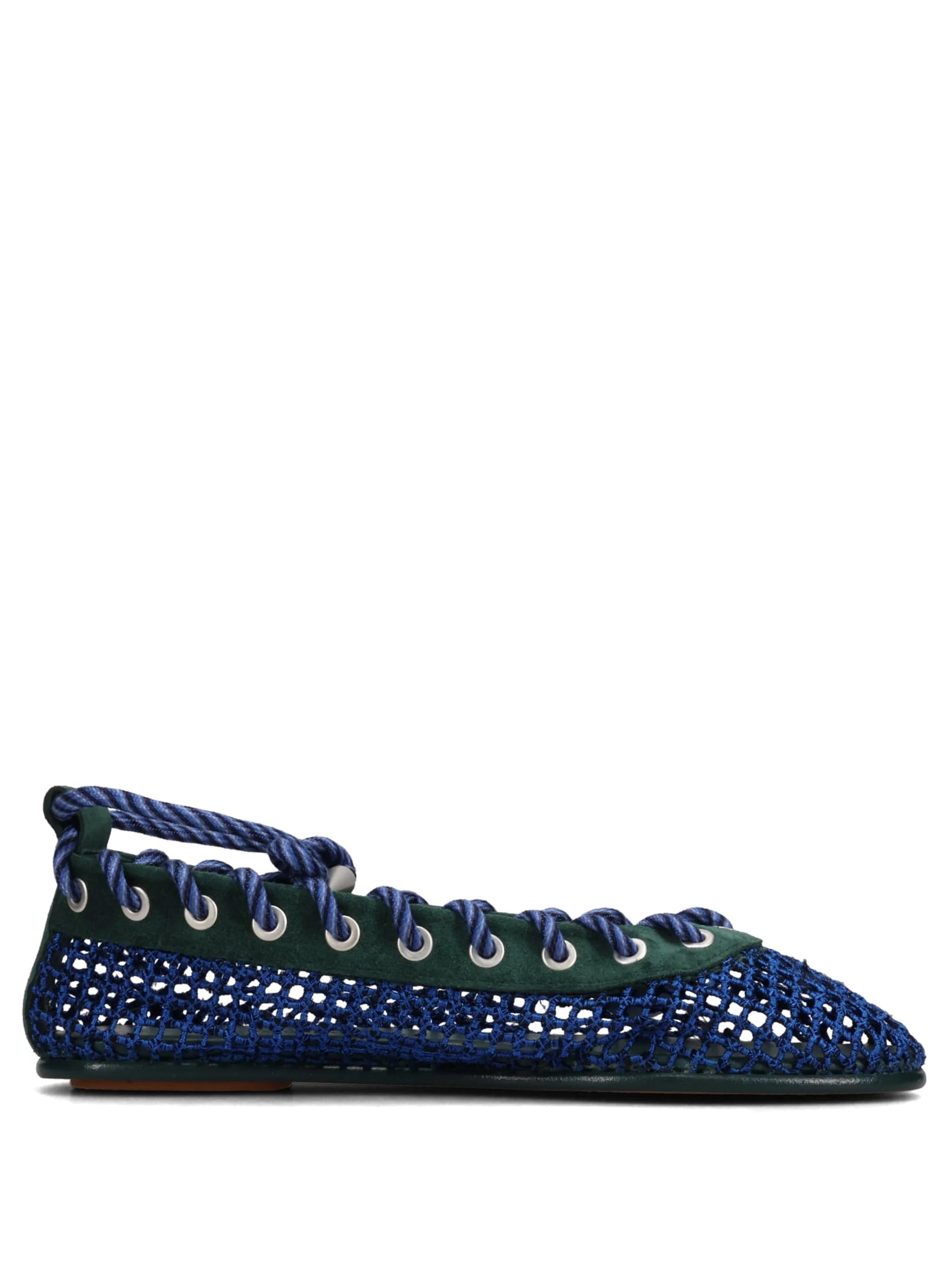 Kiko Kostadinov Reticella Ballerina in Sapphire, side view, custom viscose mesh point coupé embroidery upper, green suede trim, twisted rope ankle-wrap lacing, silver eyelet detail, spiked aglet lace tips, branded disc charm, leather sole