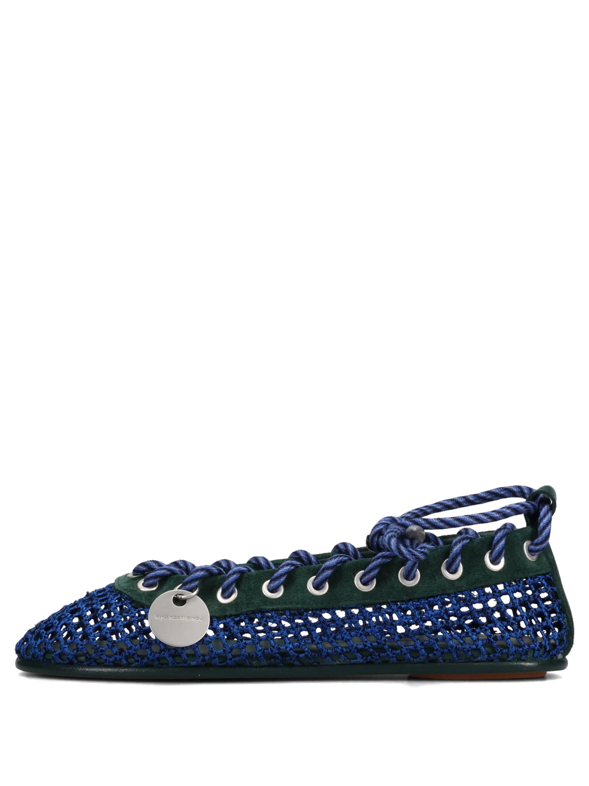 Kiko Kostadinov Reticella Ballerina in Sapphire, three-quarter front view, sapphire blue metallic mesh upper, green suede opening, silver eyelet lacing, branded disc charm at vamp