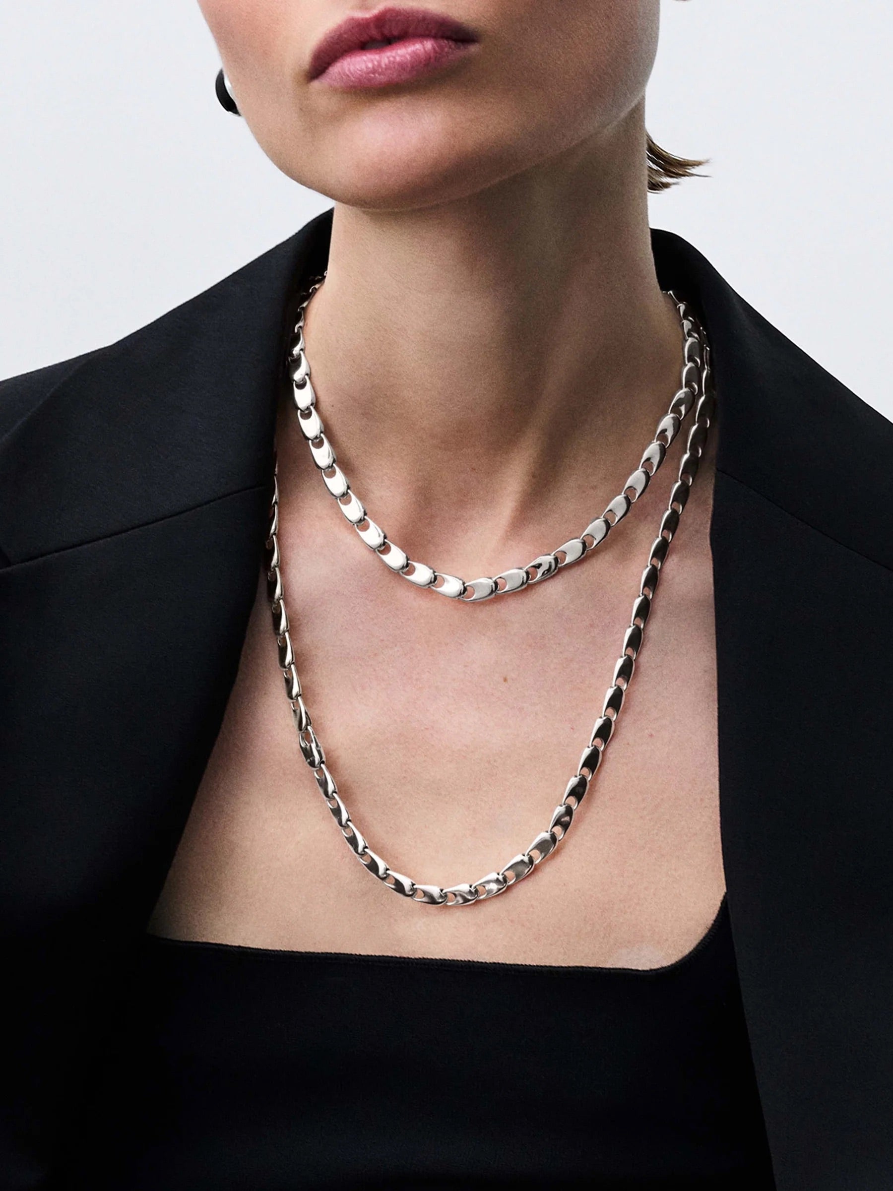 Kinraden Mini Electra Necklace Large in recycled sterling silver styled layered with another necklace for a polished silver jewellery look