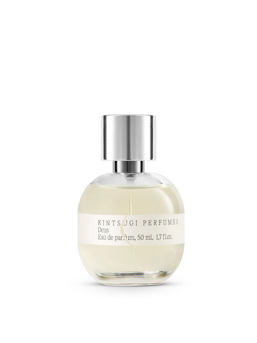 Perfume bottle with silver cap on a white background