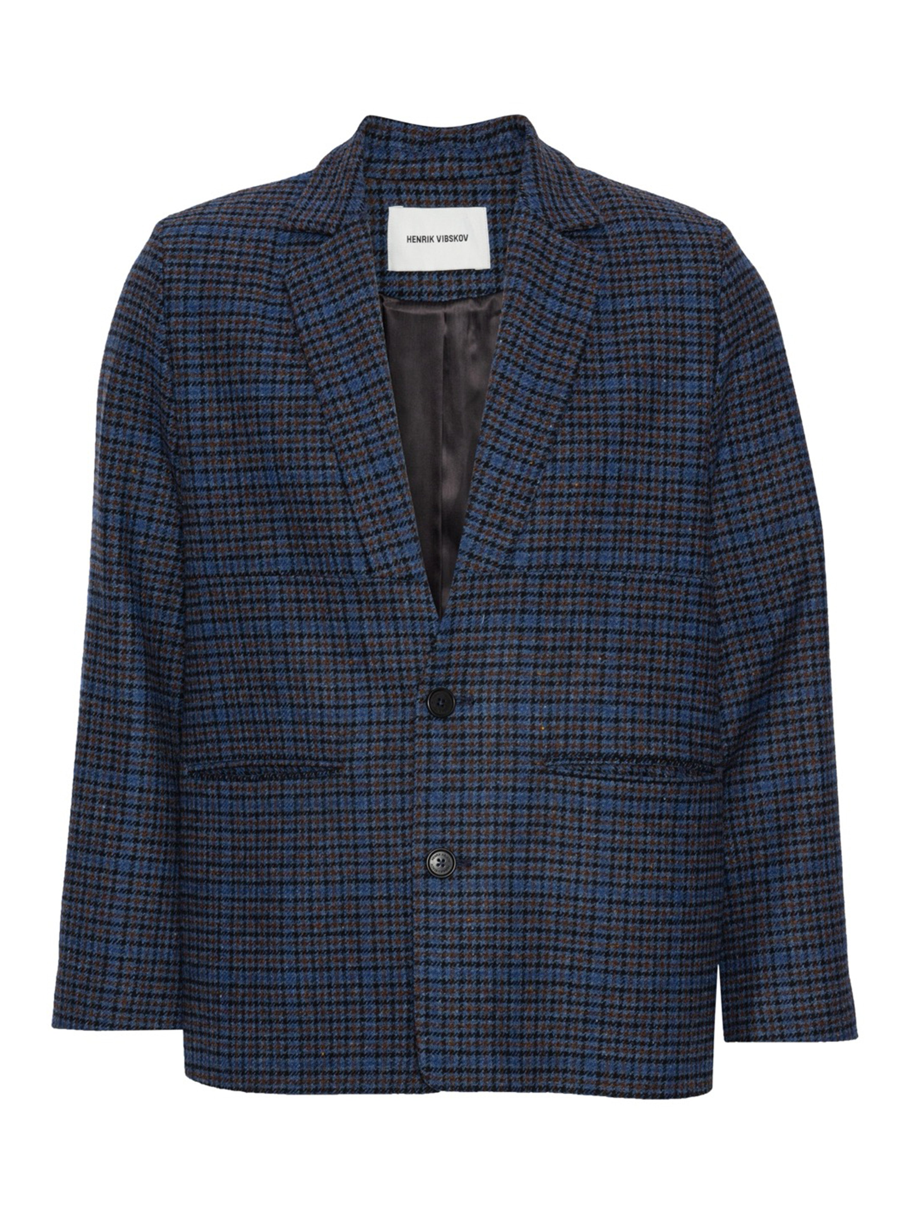 Henrik Vibskov Lonely Blazer in Blue Wool Checks, front view.