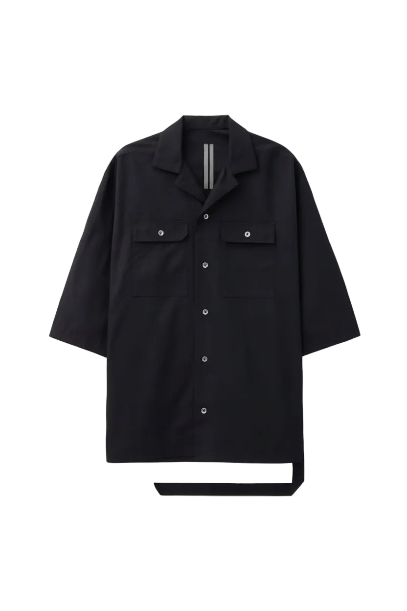 Rick Owens DRKSHDW Oversized Button-Up Shirt in black cotton twill shown flat with short sleeves, chest patch pockets and front button fastening.