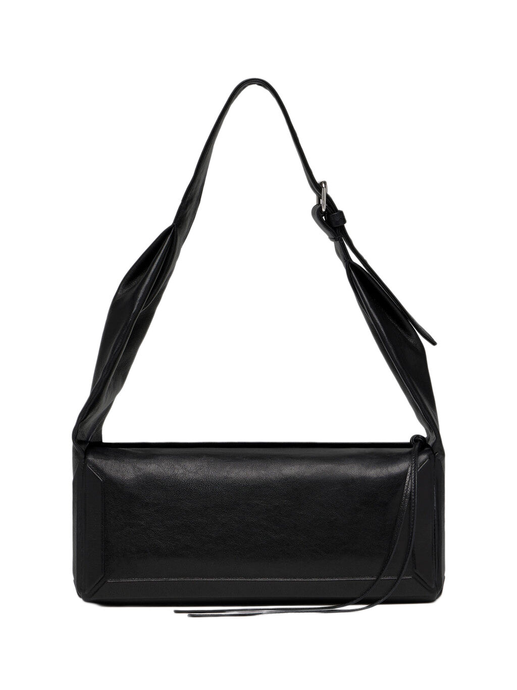 Maison Margiela Box Bag East West Medium in black sheepskin leather, front view with wide adjustable shoulder strap and silver buckle