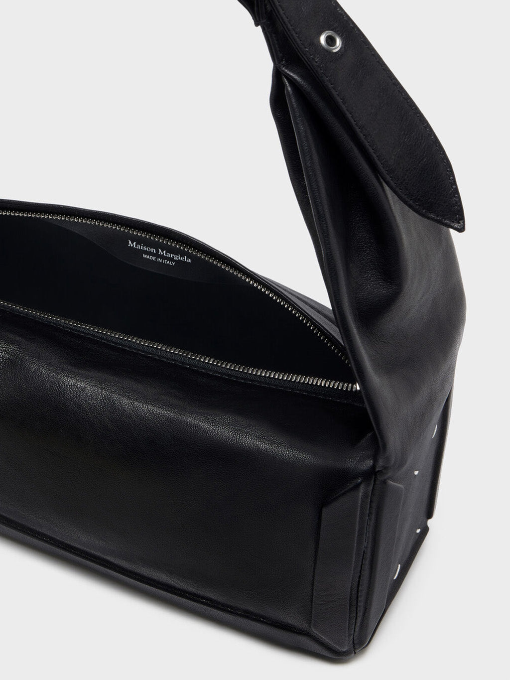 Maison Margiela Box Bag East West Medium open showing zip closure and Made in Italy label