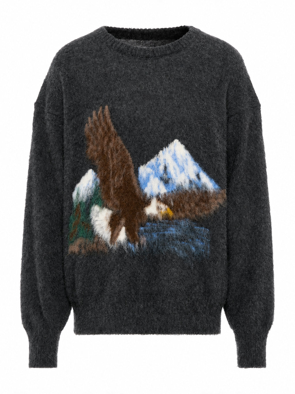 Maison Margiela Brushed Eagle Pullover in Charcoal, front flat lay showing intarsia eagle in flight over mountain landscape motif on brushed wool alpaca blend crewneck sweater