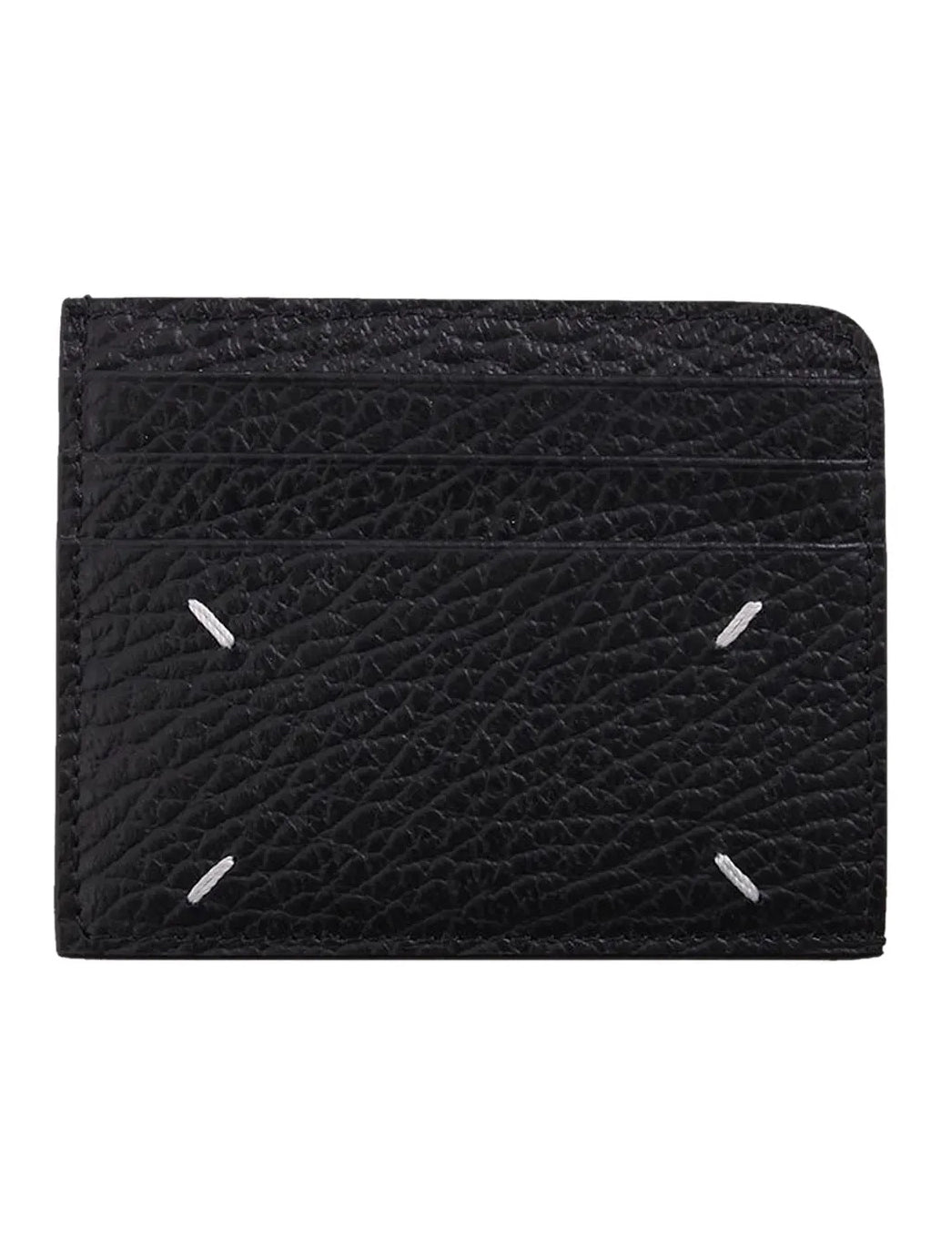 Maison Margiela Card Holder Slim Gap in Black, front view, embossed grainy leather, multiple card slots, signature four white stitches detail