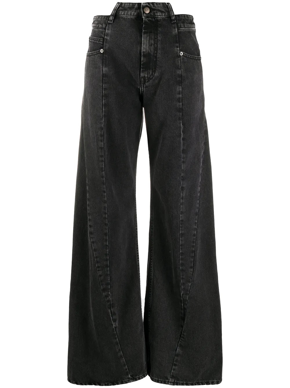 Front view of Maison Margiela Female Pants 5 Pockets in Medium Black Stone, showing the washed black denim, high waist, five-pocket construction, and wide-leg silhouette.