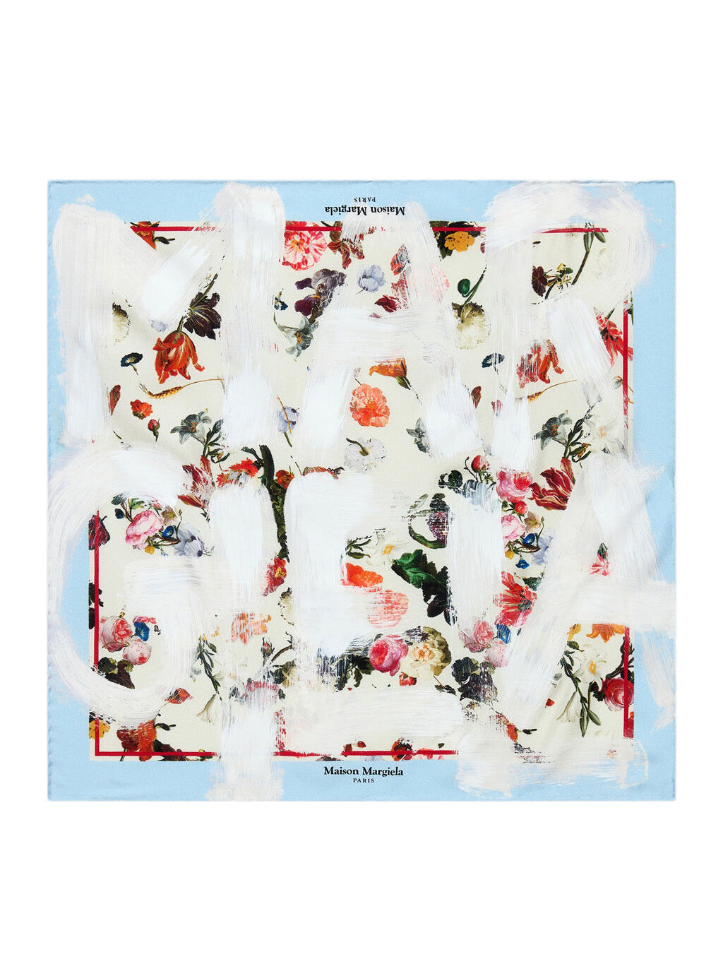 Maison Margiela Flowers Silk Foulard Square 44 in sky blue and ivory silk, showing white brushstroke lettering over Dutch Masters floral print with roses and tulips