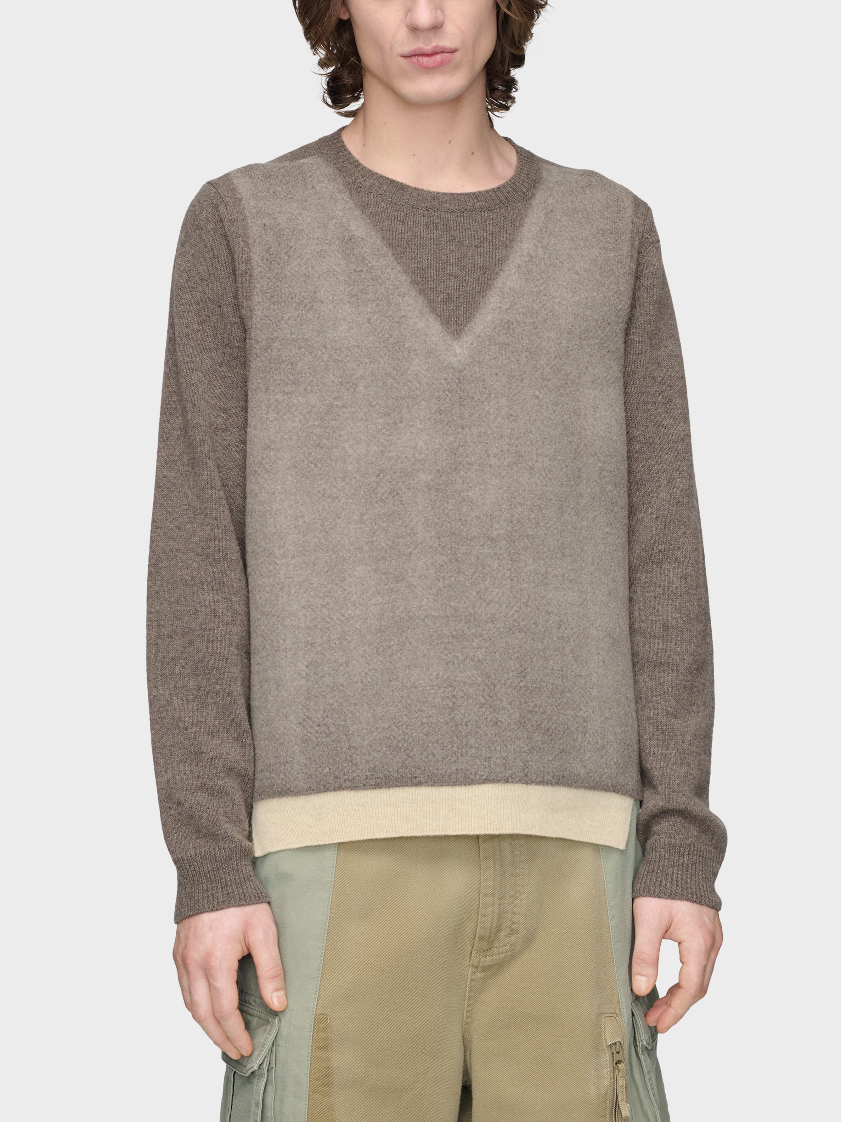 Maison Margiela Fused Knit Sweater in Mud Ecru worn on model, front view, trompe l'oeil V-neck detail, contrast ecru hem, crew neck, ribbed cuffs