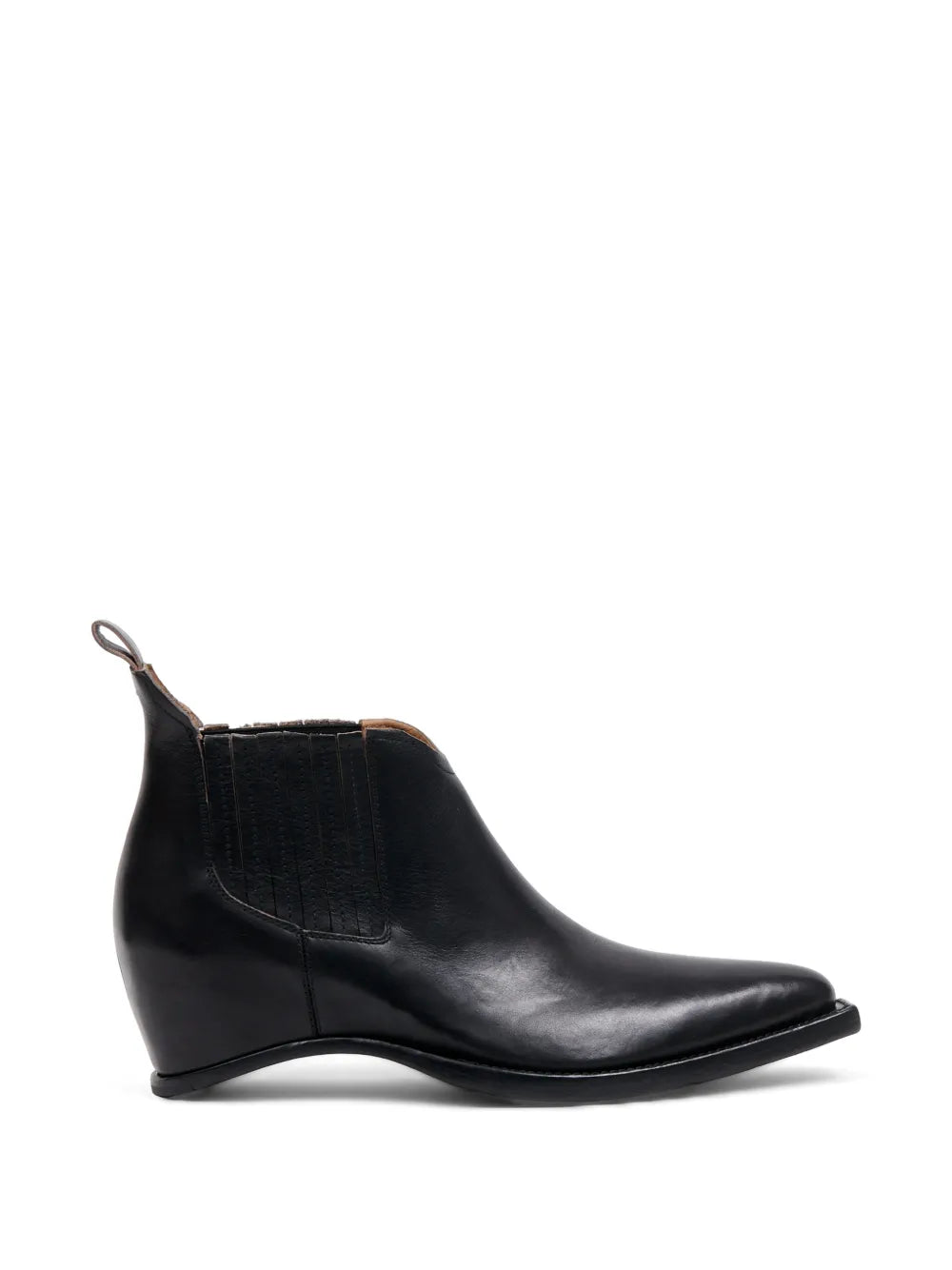 Maison Margiela Heel-Less Western Chelsea Boot 45mm in black, side view showing pointed western toe, elastic gore panel, and sculptural heel-less wedge in polished black leather