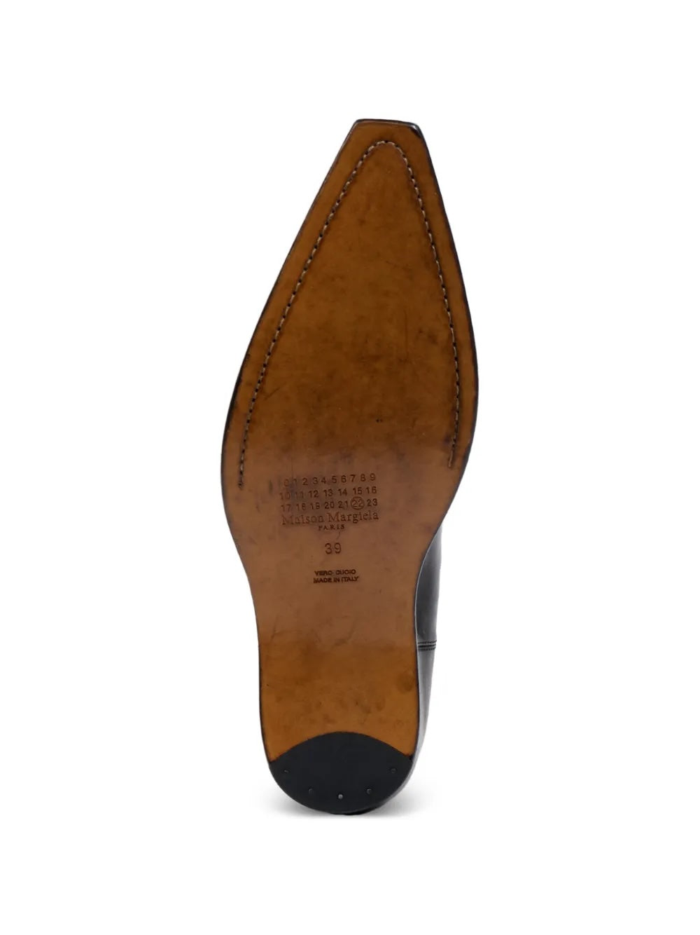 Maison Margiela Heel-Less Western Chelsea Boot, sole view showing tan leather outsole with signature numbered label, Made in Italy stamp, and elongated western pointed toe shape
