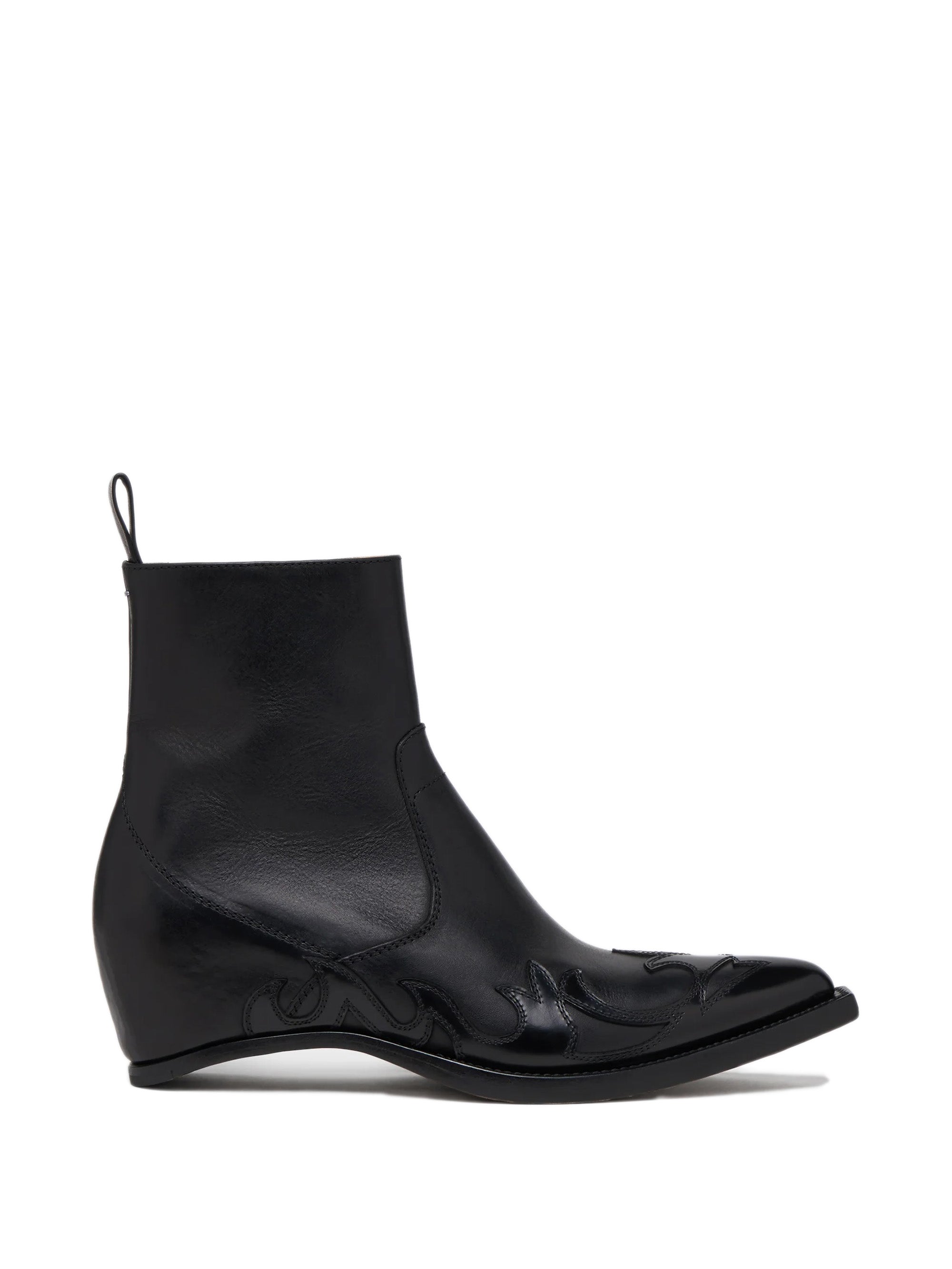 Maison Margiela Heel-Less Western Flame Boot in black, side view showing heel-less construction and tonal flame appliqués at toe