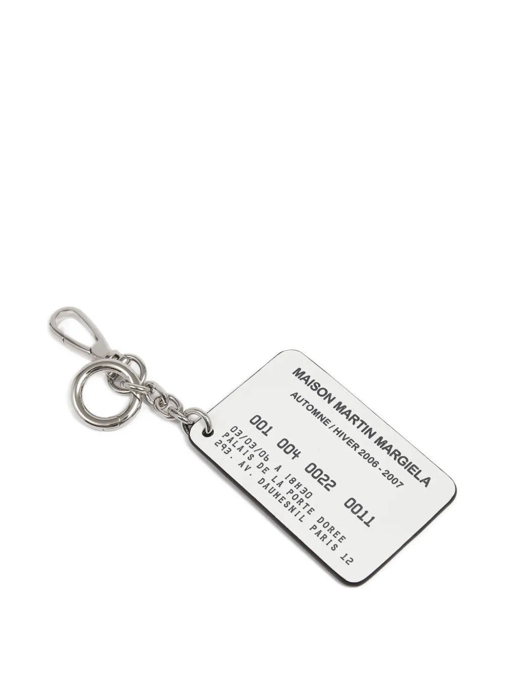 Front view of the Maison Margiela Keyring Card in black leather, featuring white printed brand information on the surface.