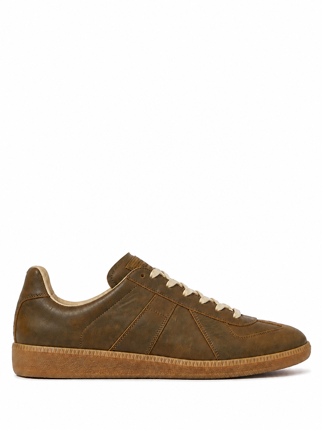 Maison Margiela Replica Sneakers in Bronze Brown shown from above, featuring layered leather panels, cream laces, numerical tongue labels and gum rubber soles.