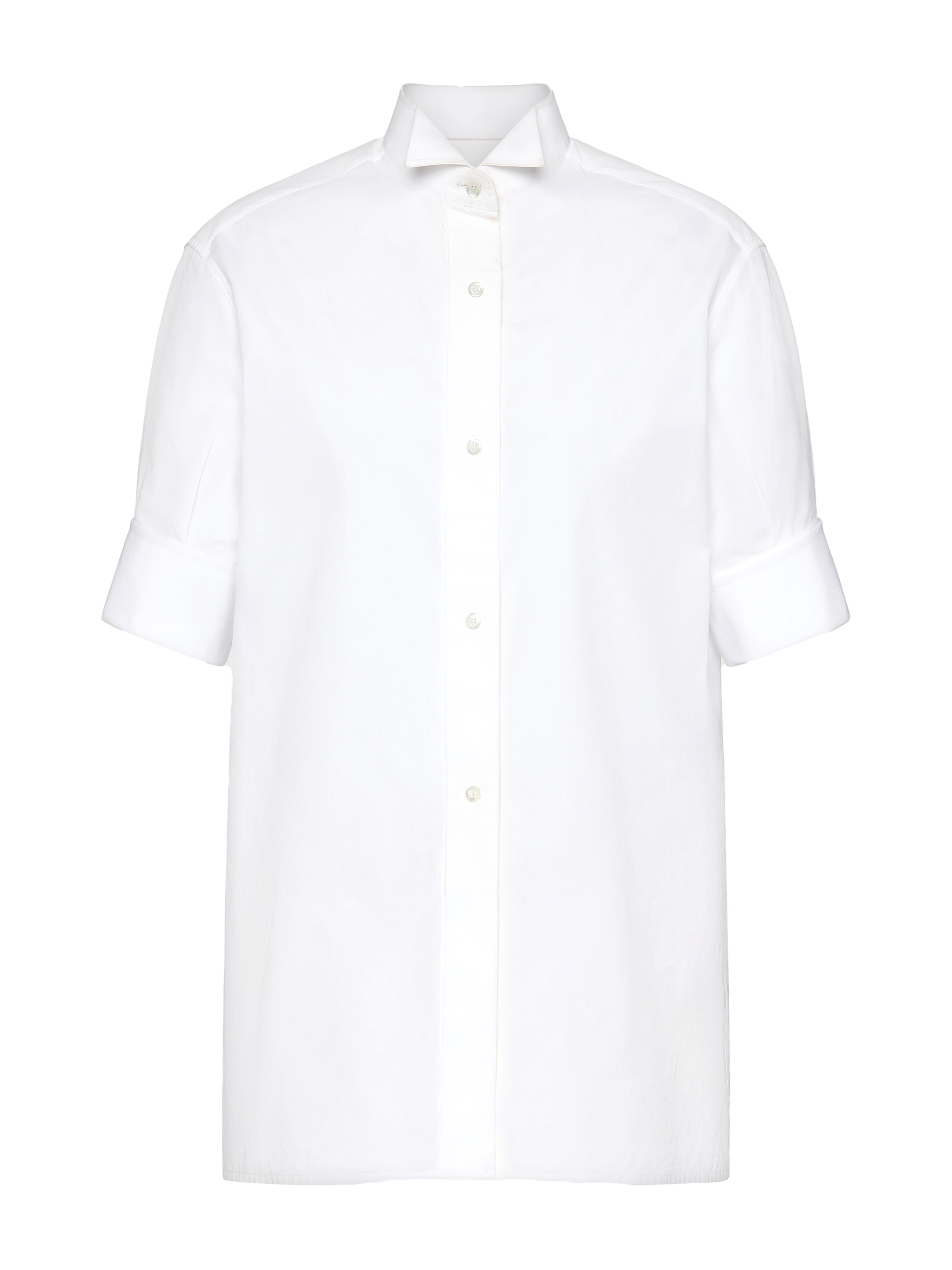 Maison Margiela Snapped Button Short Sleeves Shirt in White, front view, 100% cotton, spread collar, button-front fastening, short sleeves, deep turn-back cuffs, relaxed oversized fit