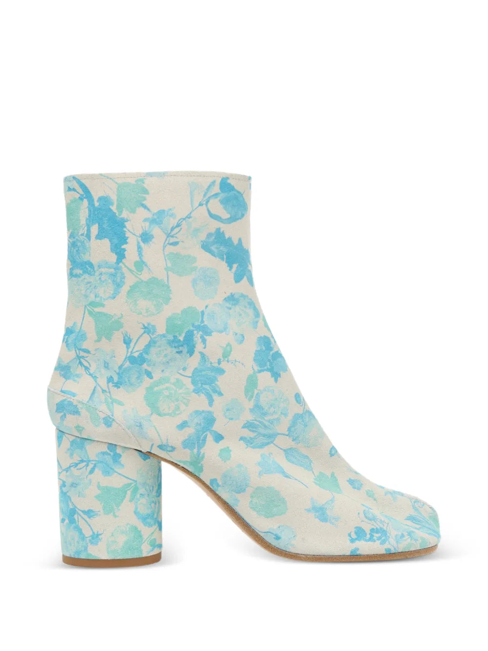 Maison Margiela Tabi Ankle Boot 80mm in white and light blue, side view showing split-toe silhouette and cylindrical block heel in floral-printed suede