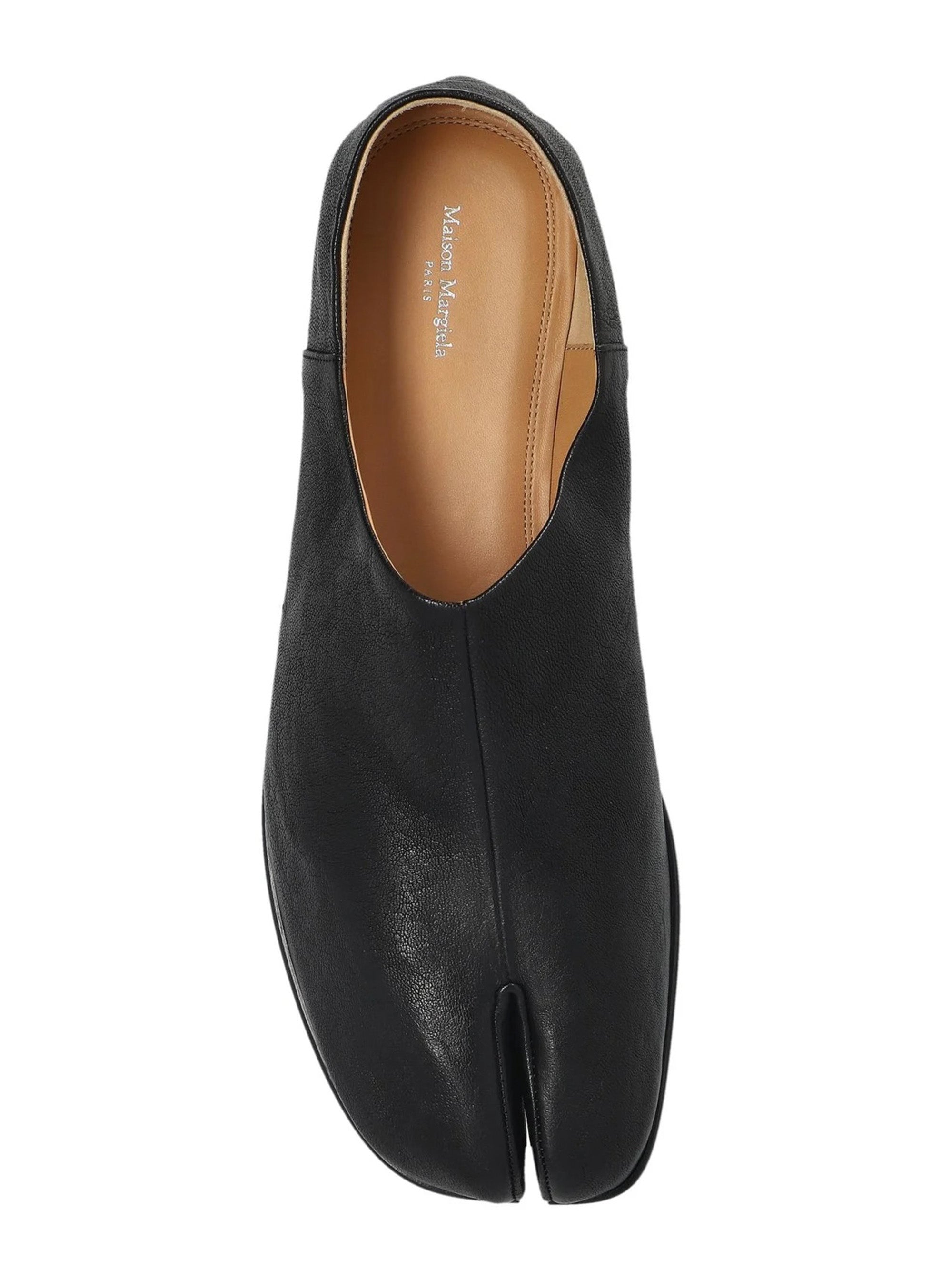 Top-down view of Maison Margiela Tabi Babouches showing split-toe and Maison Margiela Paris branded insole