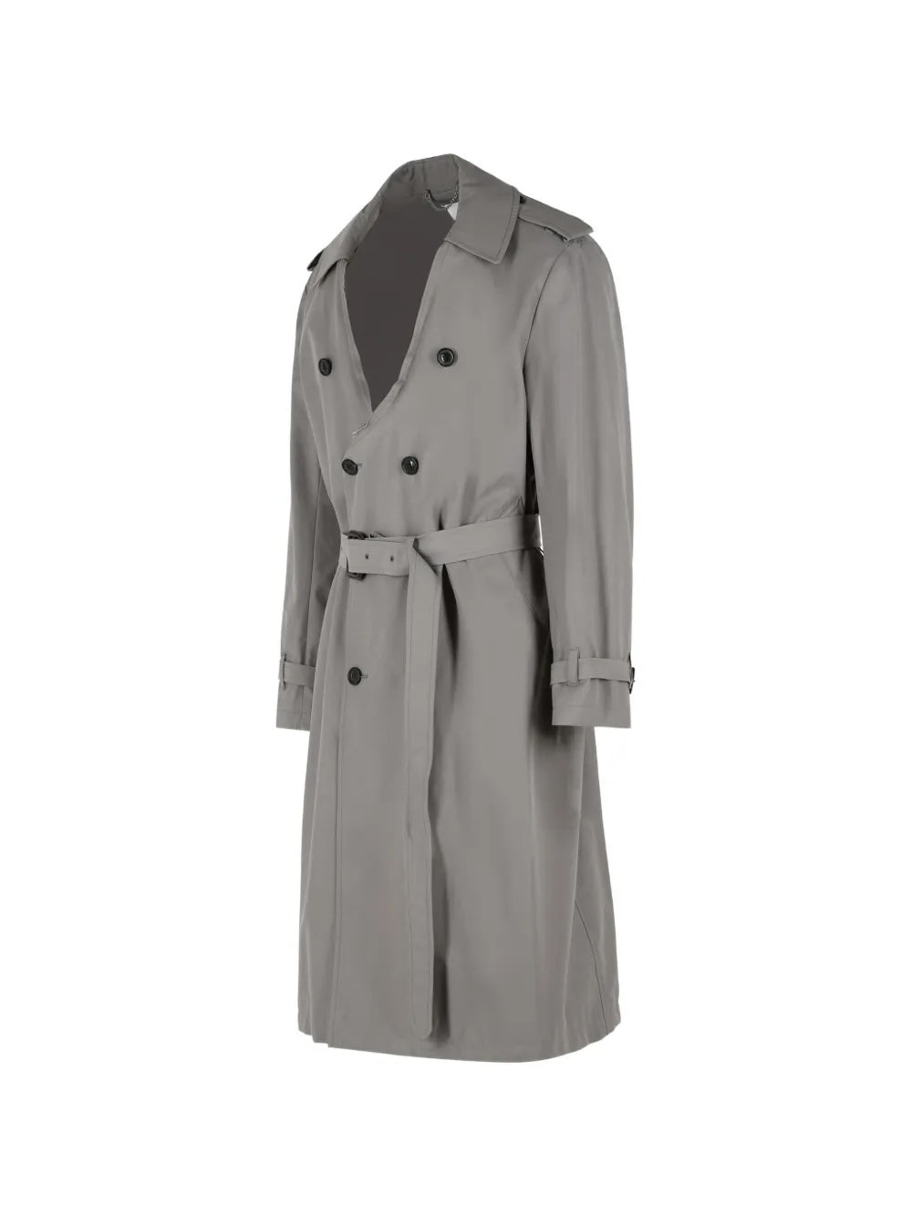 Maison Margiela Grey Trench Coat, Side View, A-Line Silhouette and Adjustable Cuff Straps
