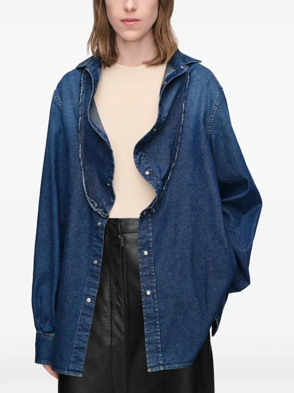 Maison Margiela V-Neck Long-Sleeved Shirt in medium blue - model front view, raw-edged deconstructed neckline and snap button placket detail