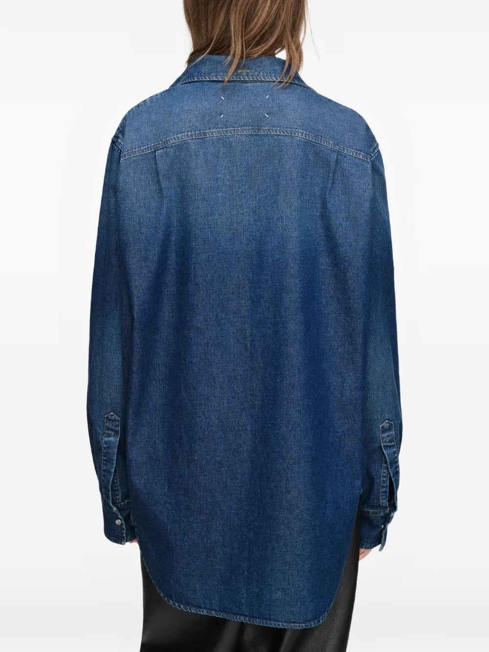 Maison Margiela V-Neck Long-Sleeved Shirt in medium blue - back view, four-stitch logo and classic denim shirt construction