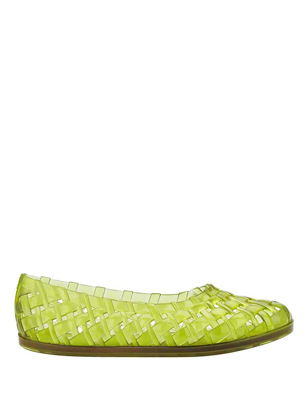 Melissa Possession Ballerina in Green - side view showing semi-transparent green woven ballerina flat with slip-on design