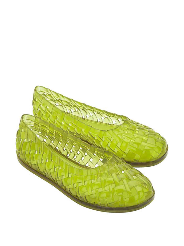 Melissa Possession Ballerina in Green - front view of pair showing semi-transparent green synthetic weave design