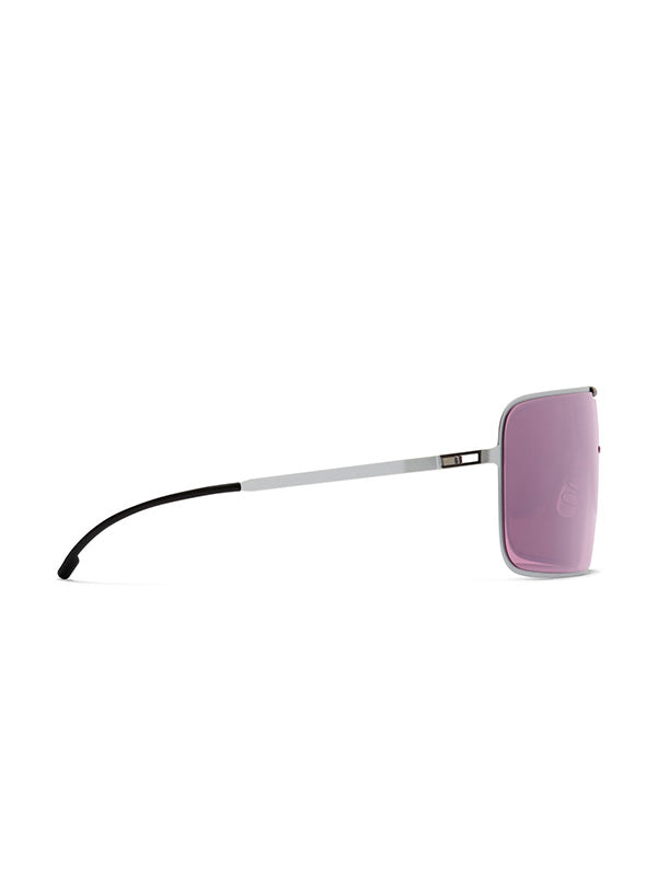 Mykita x Rimowa Navigator Sunshield MR004, side profile showing the ultra-slim silver metal temple arm with black rubber tip and the rectangular shield lens depth