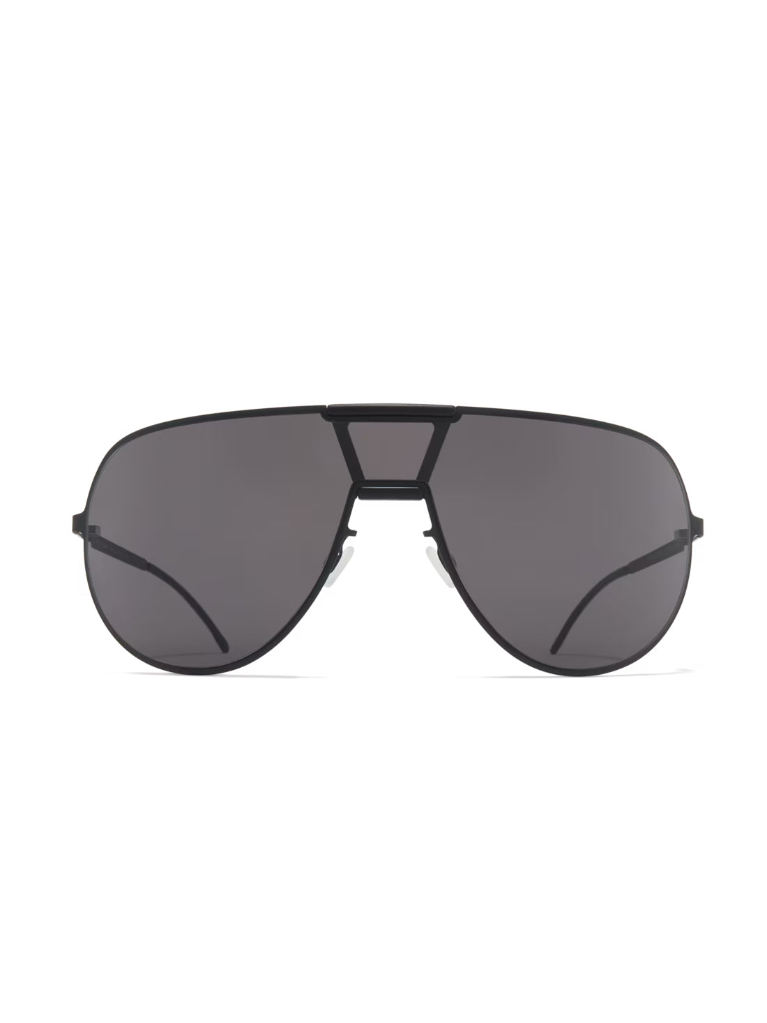 Aviator Sunshield MR005 in Black/Pitch Black Super Black by Mykita x Rimowa, front view of oversized single shield aviator sunglasses with ultra-thin stainless steel frame, integrated geometric nose bridge and super black lenses, made in Germany