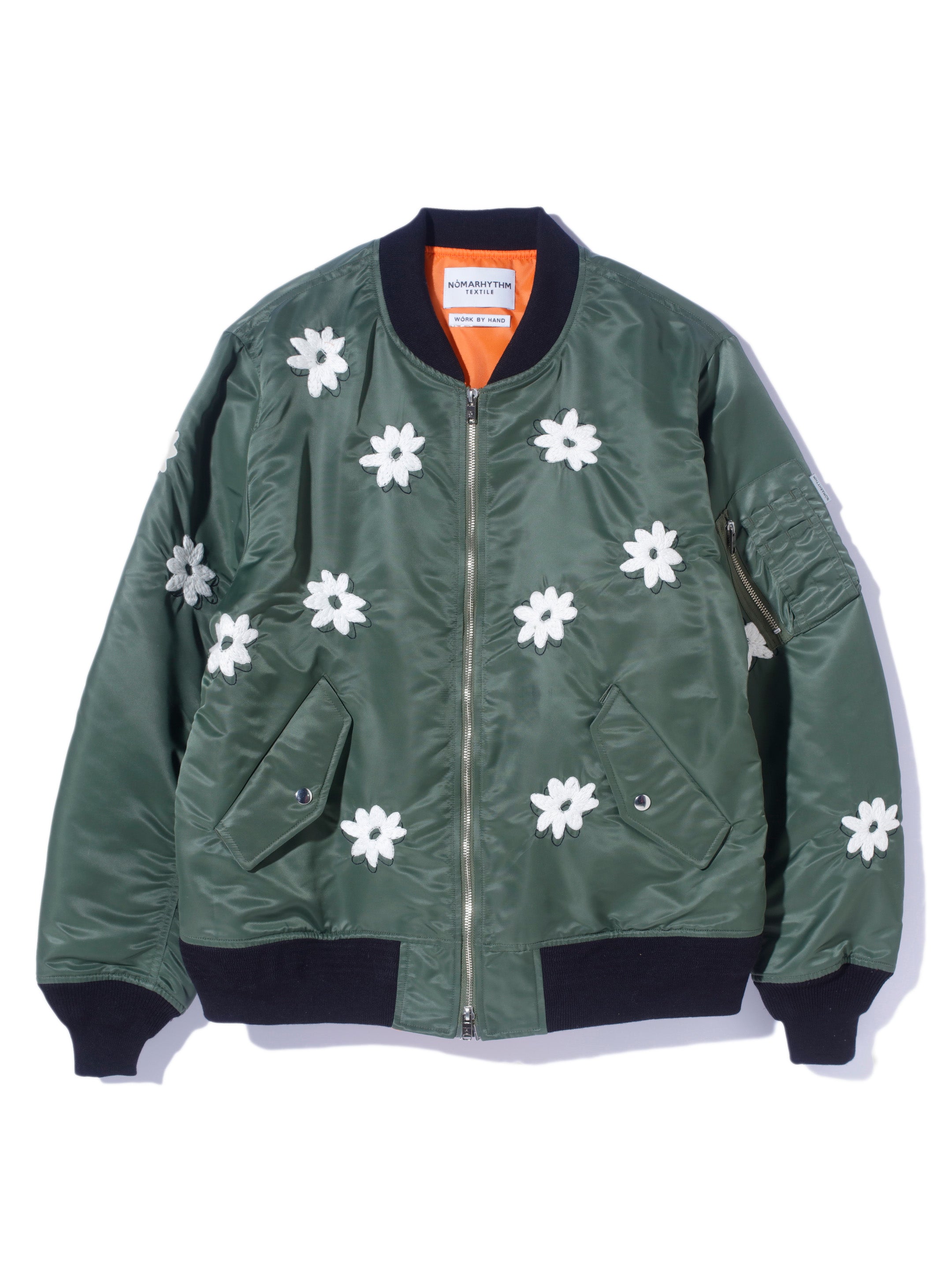 Flower Embroidery Flight Jacket - Olive & White-[-NÒMARYTHM TEXTILE-1