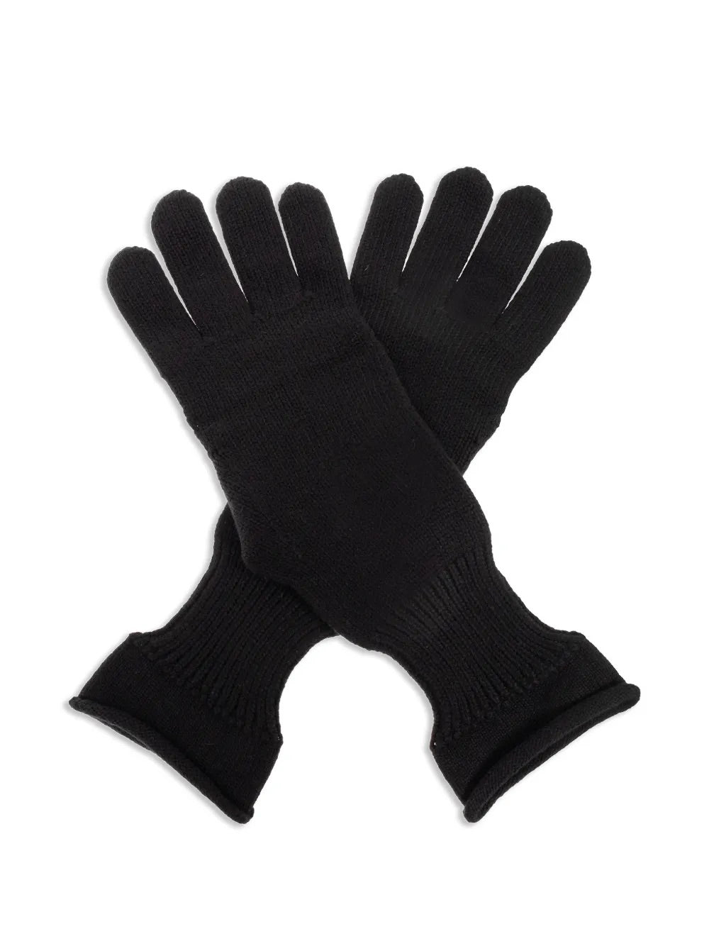 Alternative back packshot of the Issey Miyake AW25 Breeze Knit Gloves in black, emphasizing the ribbed knit, cut-out design, and streamlined shape.
