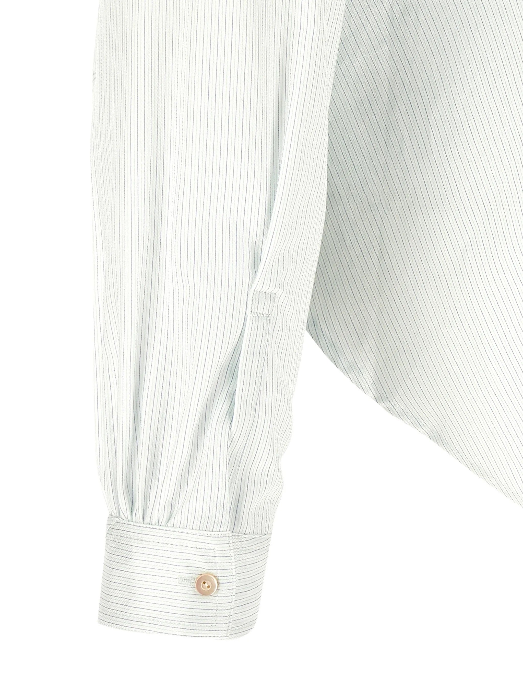 Detail view of the striped cotton fabric and buttoned cuff on the Kiko Kostadinov Ohne K-Dart Shirt.