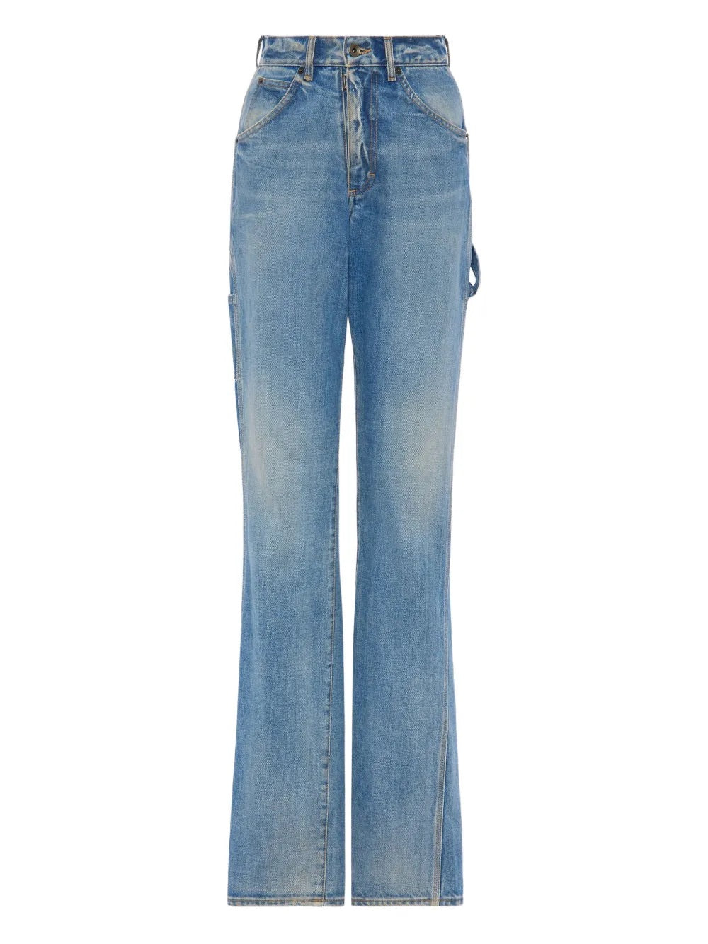 Front packshot of the Maison Margiela Pants 5 Pockets in Light Blue Indigo, showing the tailored trousers silhouette, five-pocket design, straight leg fit, and clean woven construction.