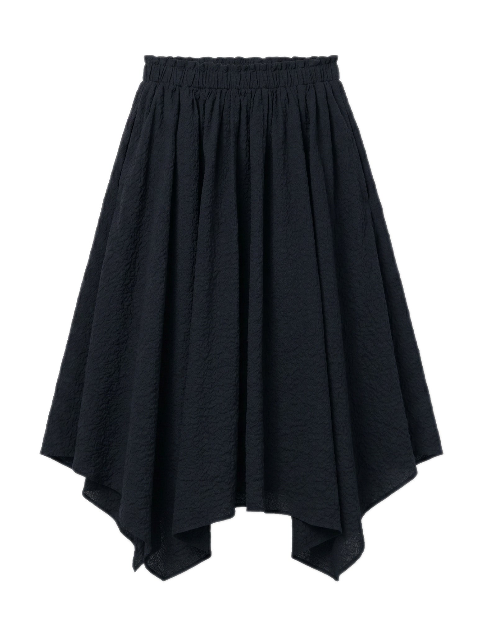 Black Crane Paper Skirt in Midnight - flat lay showing A-line silhouette and asymmetric hem in ripple textured Japanese cotton