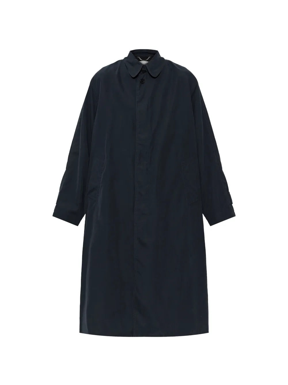 Maison Margiela Peach Trench Coat in Dark Blue front view