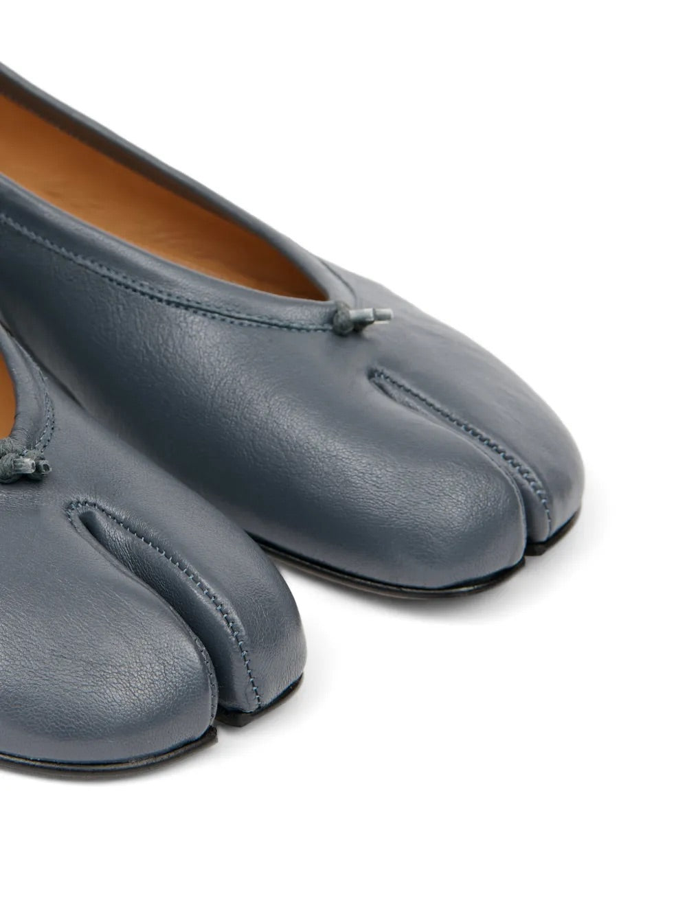 Close-up of Maison Margiela Pleated Ballerina Tabi in Grey split-toe detail.
