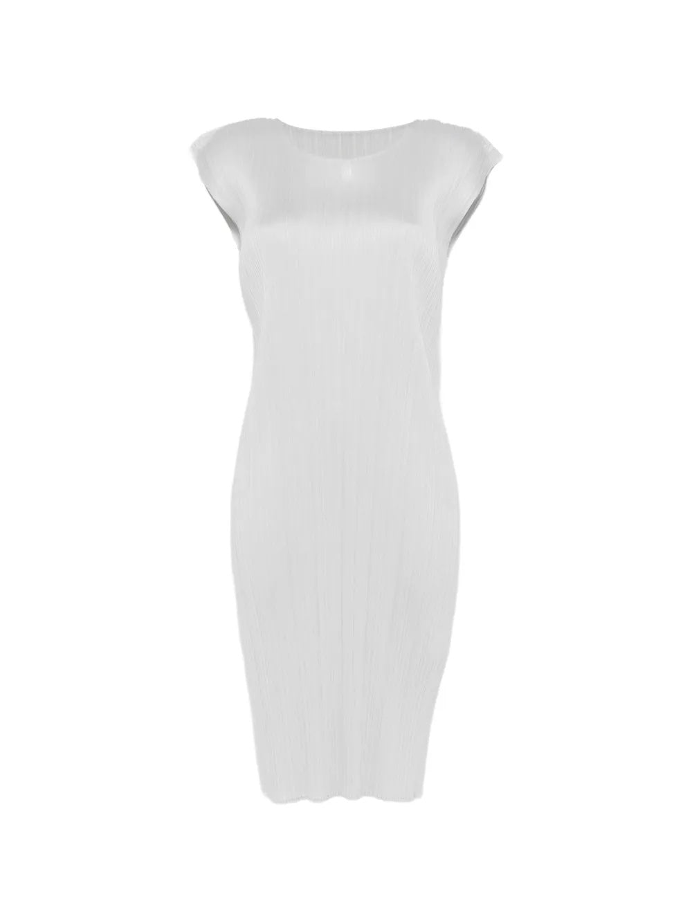 Light grey, short sleeves, pleated dress from Pleats Please Issey Miyake on a white background