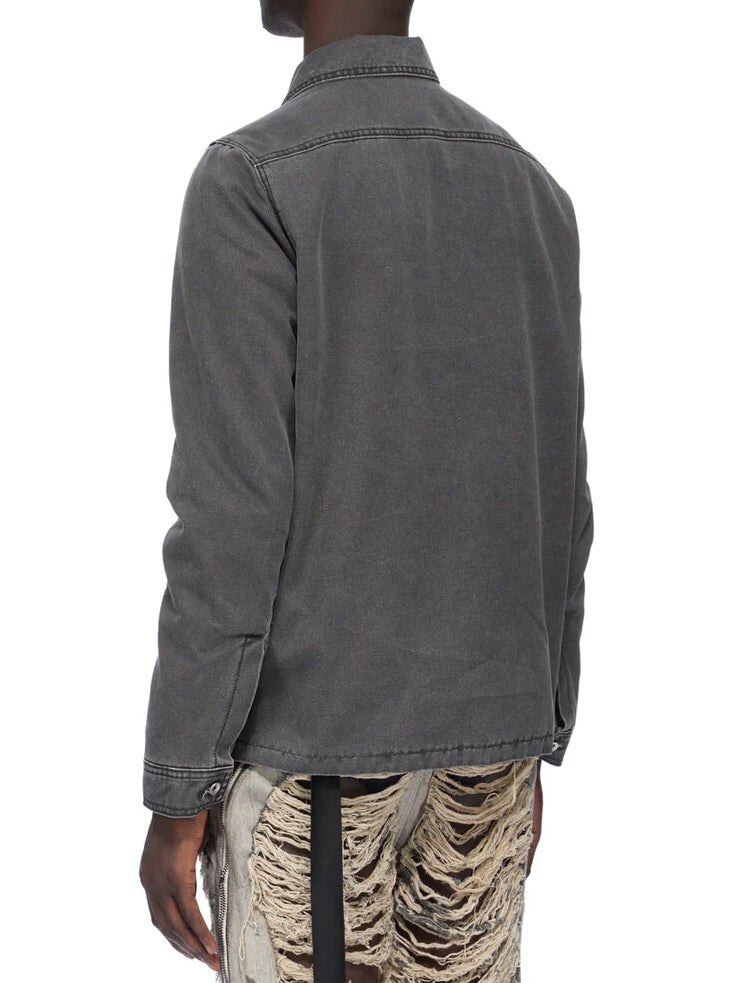 Rick Owens DRKSHDW Brad Jacket in Gravel worn from the back, showing the clean rear construction, long sleeves and washed finish.
