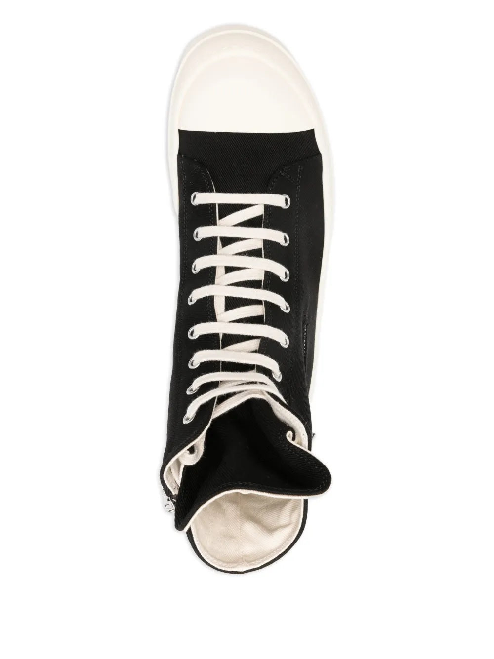 Top view of black high-top sneakers from Rick Owens on a white background