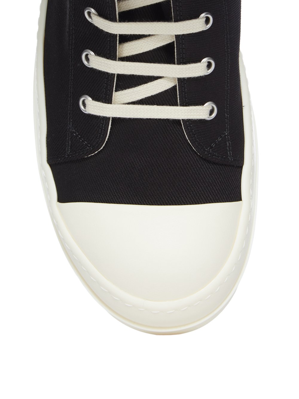 Close-up profile of the denim Cargo sneakers from Rick Owens DRKSHDW on a white background