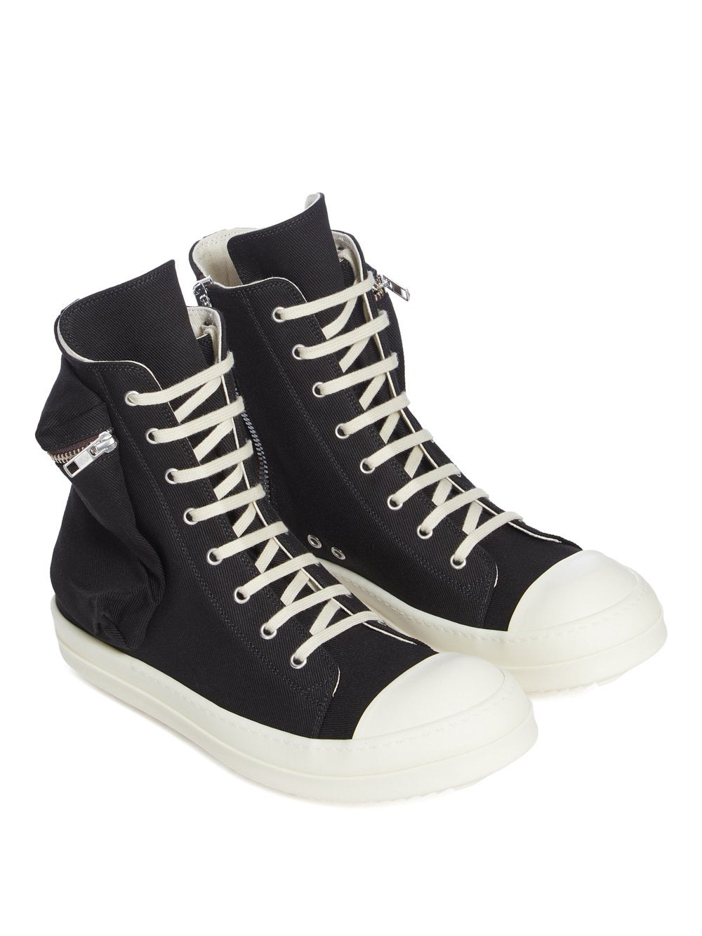 Angled profile of the denim Cargo sneakers from Rick Owens DRKSHDW on a white background