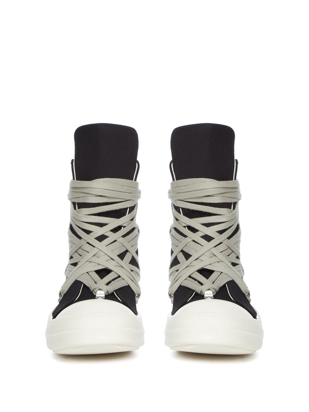 Front profile of the denim Megalace sneakers from Rick Owens DRKSHDW on a white background