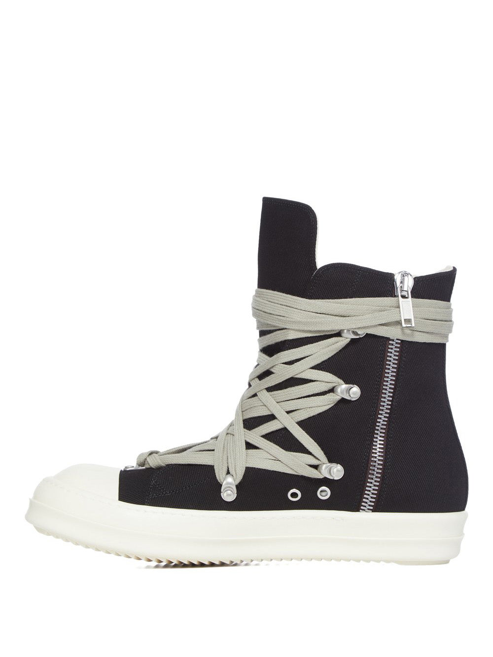 Side profile of the denim Megalace sneakers from Rick Owens DRKSHDW on a white background