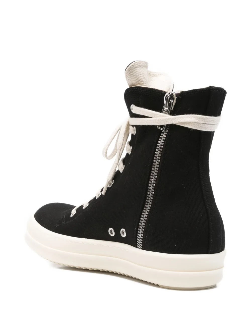Black high-top sneakers with a side zipper from Rick Owens DRKSHDW on a white background.