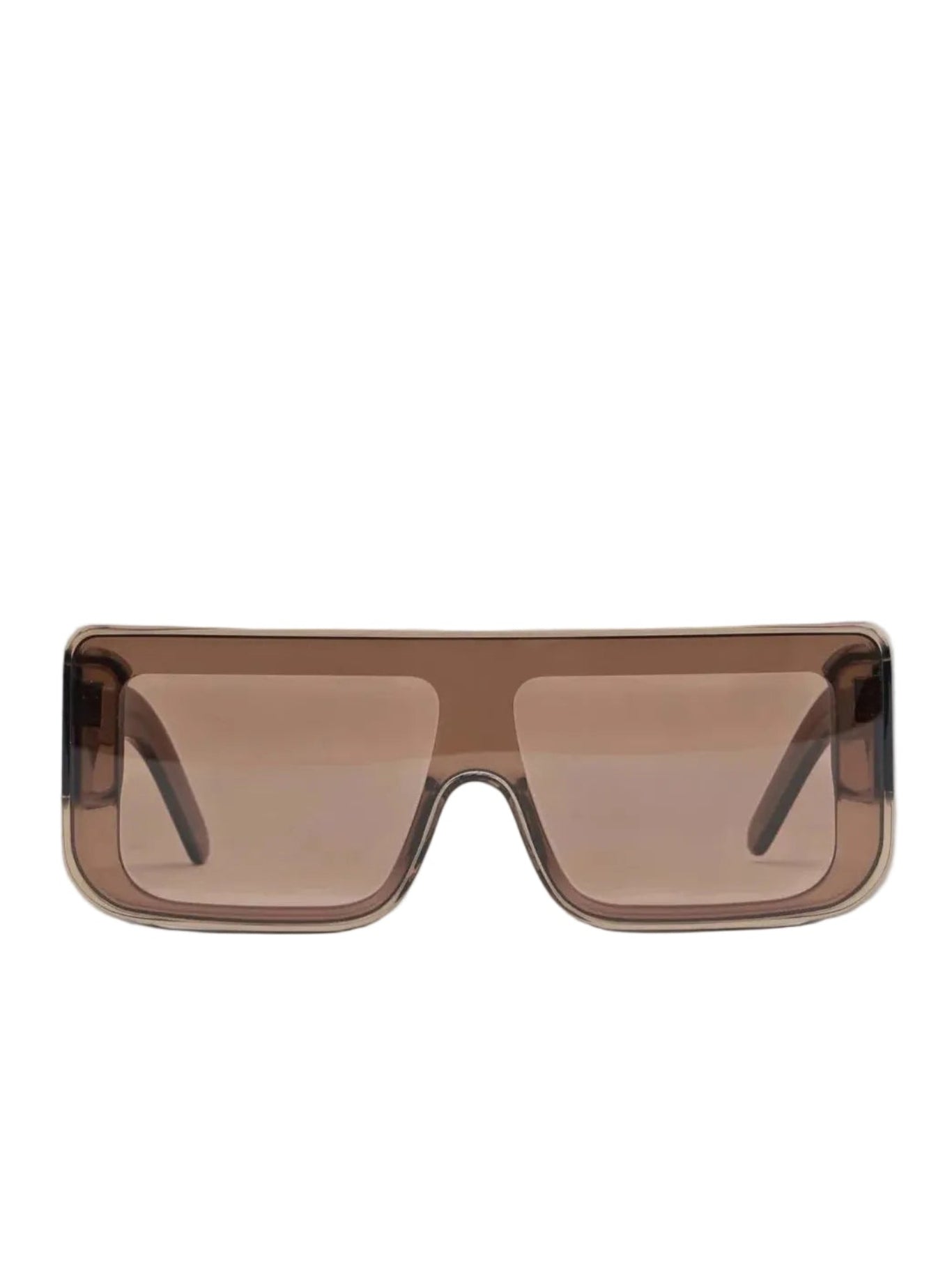 Rick Owens DRKSHDW Documenta Sunglasses in Tobacco Temple Brown Lens with oversized rectangular frame, brown-tinted lenses and transparent brown temples