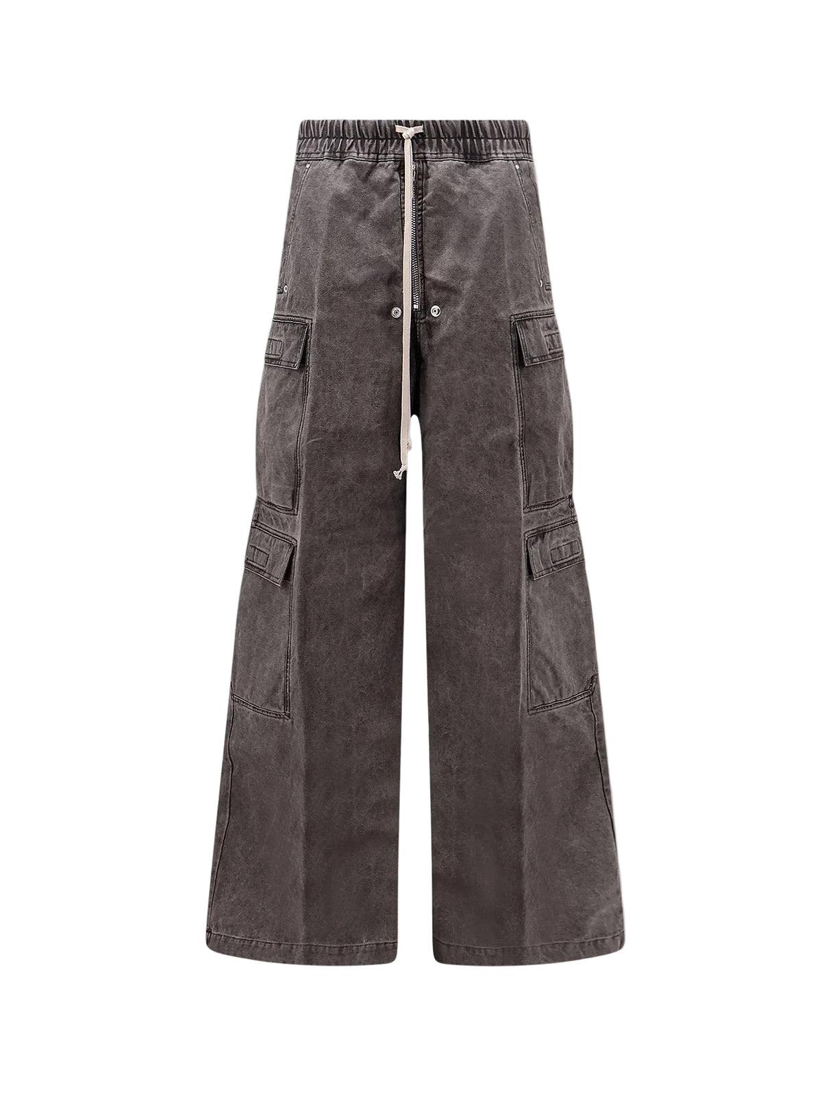Rick Owens DRKSHDW Double Cargo Jumbo Belas in Gravel shown from the front with wide legs, elasticated waistband, long drawstrings and multiple cargo pockets.