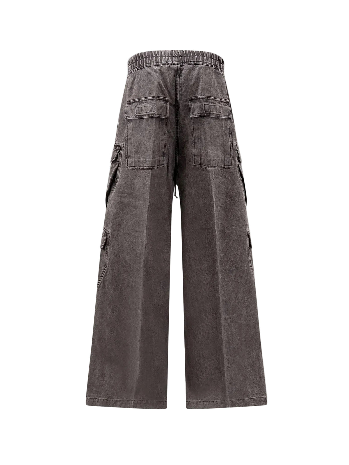 Back view of Rick Owens DRKSHDW Double Cargo Jumbo Belas in Gravel showing the wide-leg silhouette, washed finish and rear flap pockets.