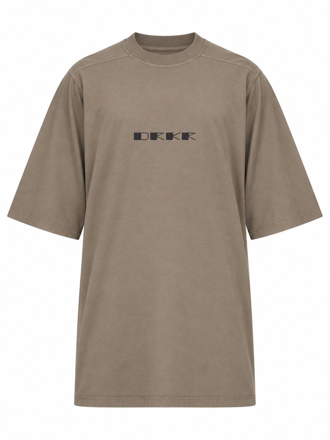 Rick Owens DRKSHDW Jumbo SS T in Dust/Black shown from the front with an oversized silhouette, crew neck and contrasting chest logo.