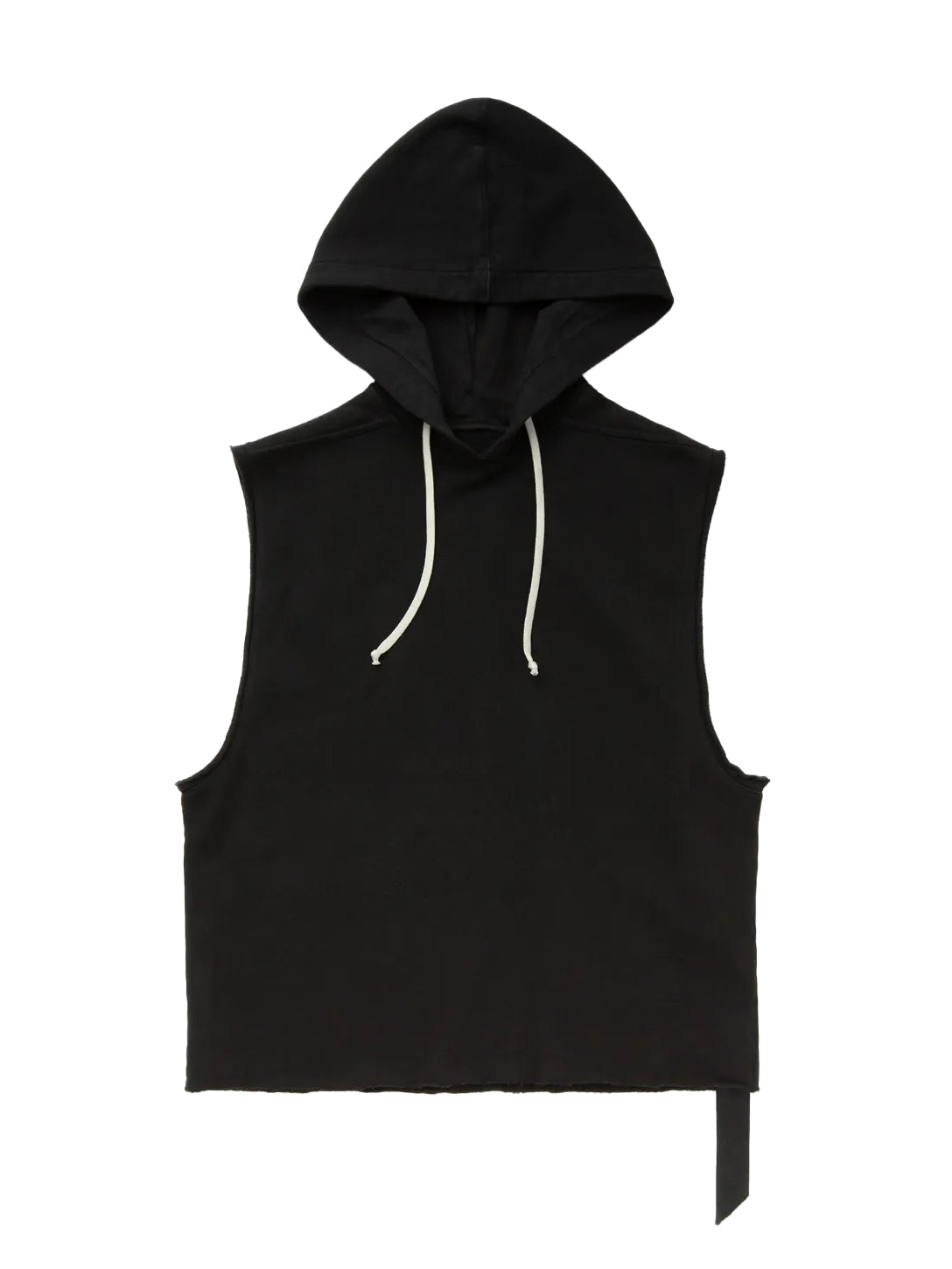 Rick Owens DRKSHDW Knit Sweat Top Hooded Tunic in Black, front view, sleeveless hooded silhouette, oversized hood, contrast off-white drawcords, raw-cut armholes, dropped strap hem detail, garment-dyed organic cotton