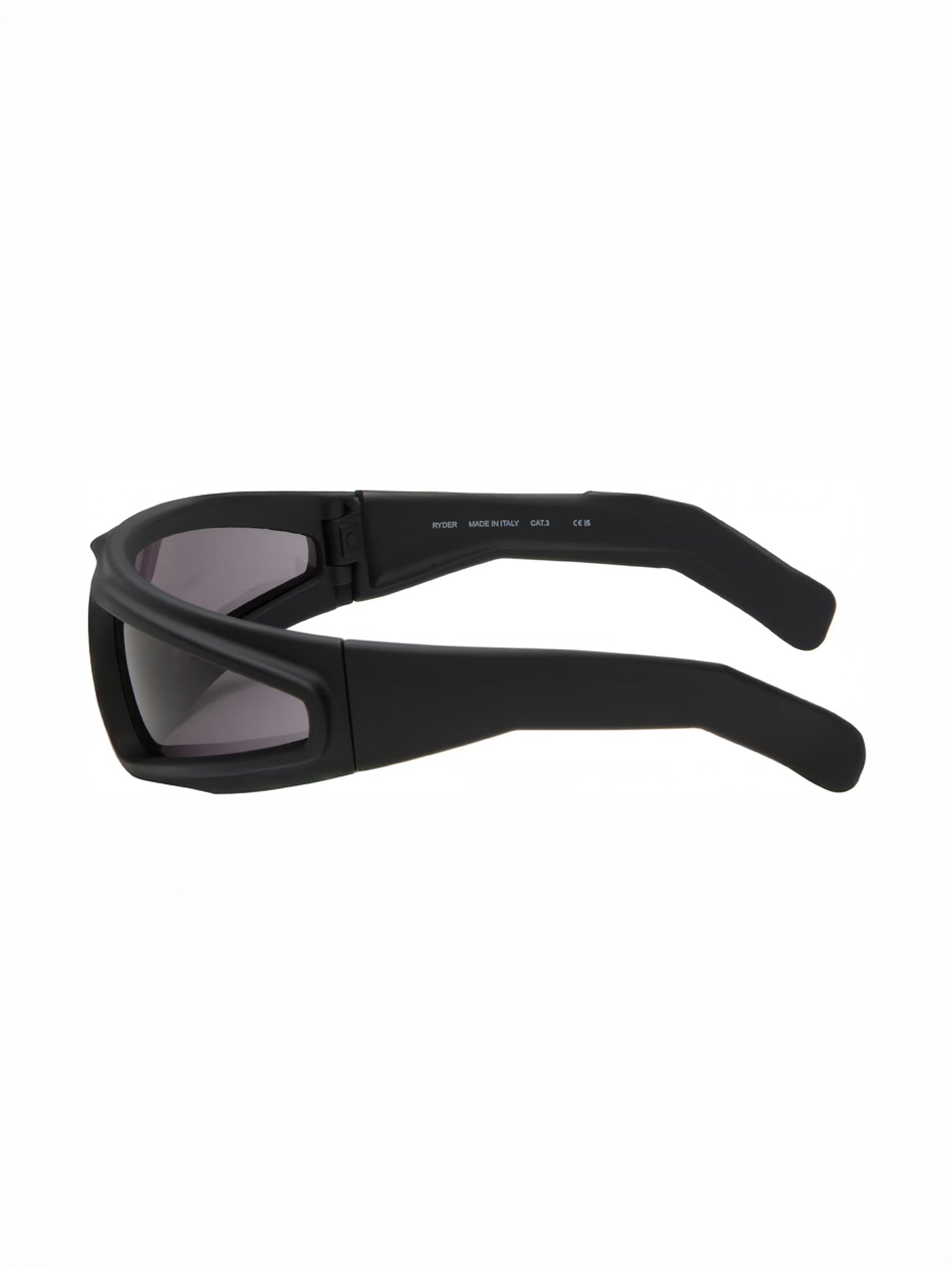 Rick Owens DRKSHDW Ryder Sunglasses in black shown from the side with thick sculptural temples and wraparound nylon frame.